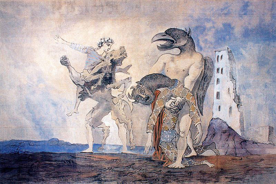 Picasso The Remains of Minotaur in a harlequin costume 1936